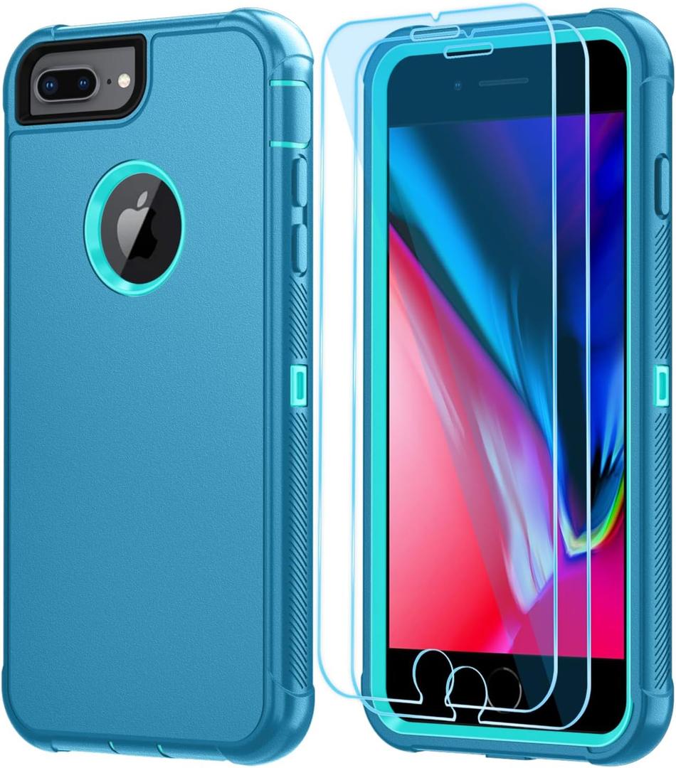 SunStory Compatible with iPhone 6/7/8 Plus Case with HD Screen Protector, 3-Layer Heavy Duty Full-Body Cover,3 in 1 Hybrid Protective Case for iPhone 6/7/8 Plus 5.5",LakeSkyBlue