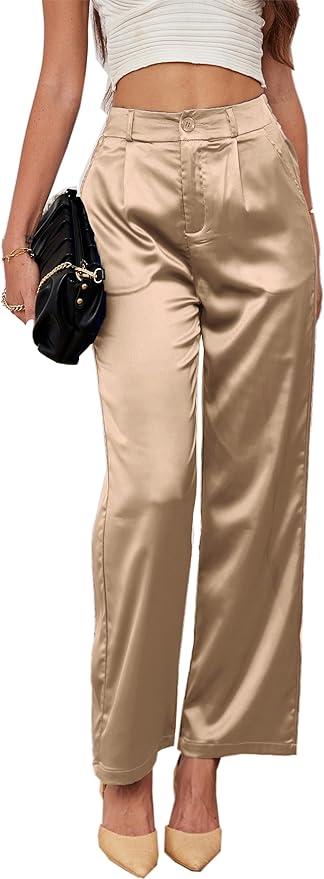 heipeiwa Women's Wide Leg Wedding Party Satin Casual Dress Nightout Pants Long Trouser, S Size