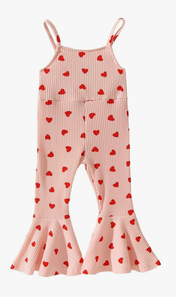 Toddler Baby Girl Valentine's Day Outfits Bell Bottom Romper Love Heart Strap Sleeveless One Piece Jumpsuit
 5-6Y