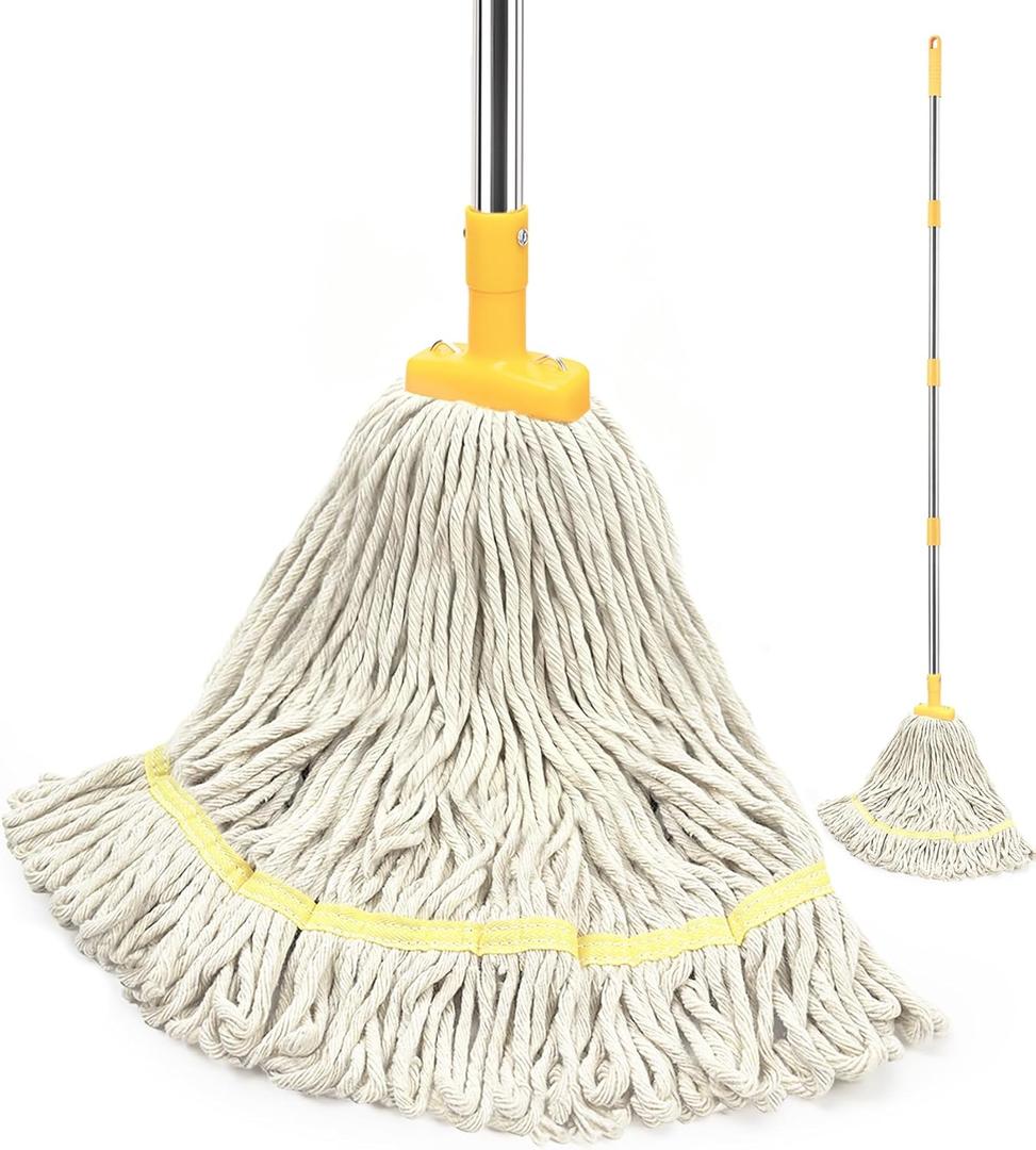 Indoor Mop for Floor Cleaning, Cotton String Wet Mops with Long Handle for Wood Floors Tile Hardwood Floor, Regular Mops for House Kitchen Bathroom Garage Office,Yellow (Large)