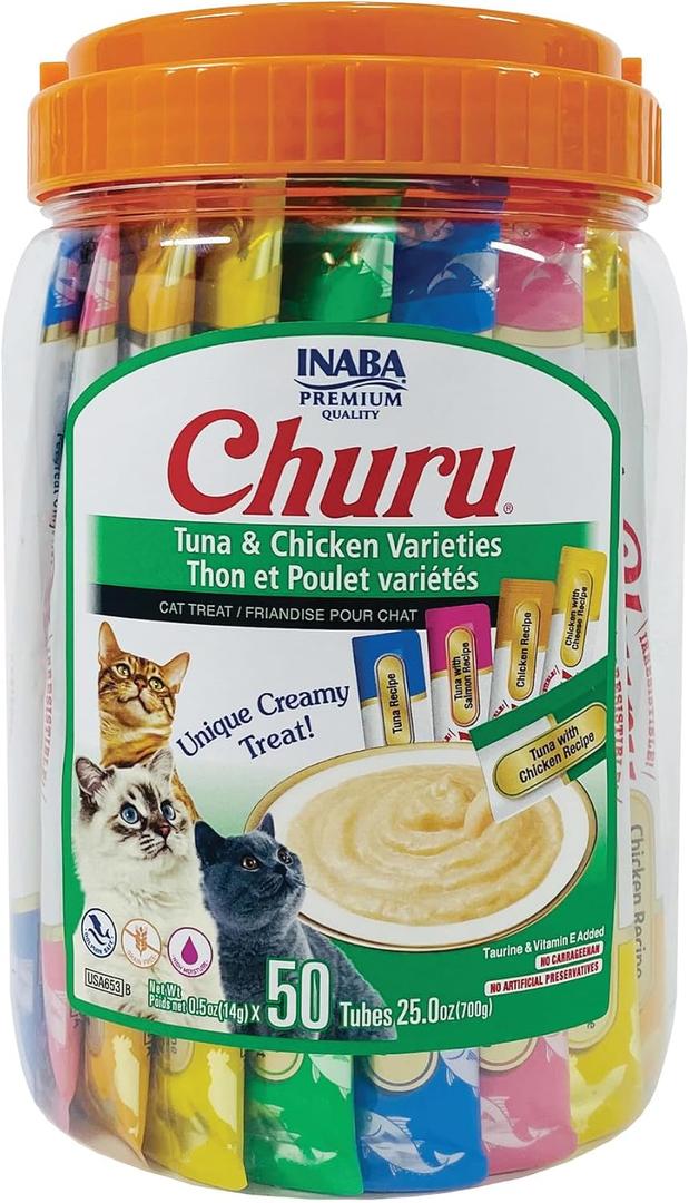 INABA Churu Cat Treats, Grain-Free, Lickable, Squeezable Creamy Pure Cat Treat/Topper with Vitamin E & Taurine, 0.5 Ounces Each Tube, 50 Tubes, Tuna & Chicken Variety, BB 01.10.2027