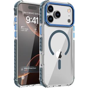 DEERLAMN Strong Magnetic Case for iPhone 17 Pro Max 6.9-Inch,[Compatible with Magsafe][Military Grade Drop Protection] Clear Slim Shockproof Protective Phone Cover-Transparent+Blue