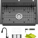 Black Kitchen And Bar Sink With Faucet-25x18 Inch Stainless Steel Drop In Modern Single Bowl Topmount Bar Sink With Faucet,SS Grid,Spoon Rest,Drain Strainer Set Compatibility With Various Kitchen