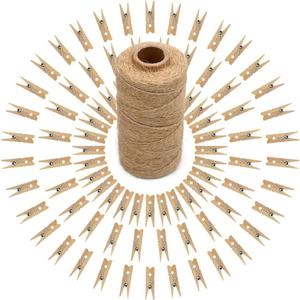 jijAcraft 100Pcs Clothespins with String, 1.4Inch Wooden Clothes Pins with 328Ft Jute Twine, Mini Baby Shower Photo Clips, Natural Brown Clips for Hanging Photo, Clothes, DIY Crafts, Wrap Bags