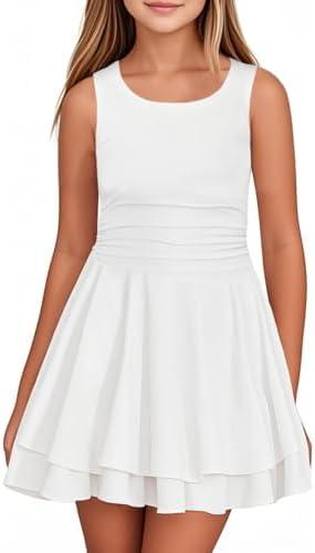 Bnycuml Girl's Summer Dress Crew Neck Sleeveless Ruffle A-Line Swing Dresses White, 13-14 Years