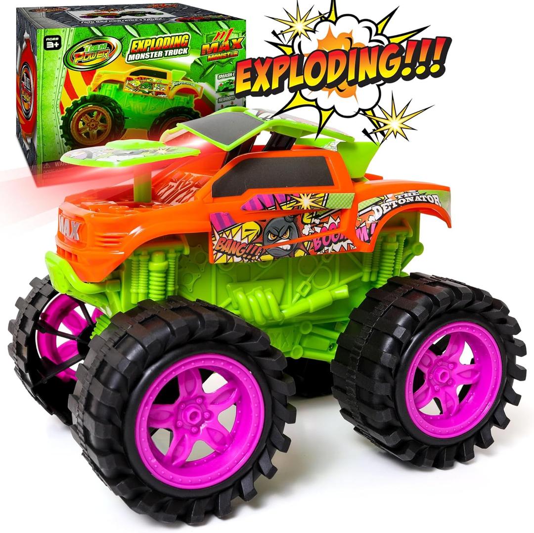 Exploding Monster Truck Toy with Explosive Crash Sounds and Lights, Smash It Up Again and Again, 8.7 Monster Truck Toys for Boys Kids Ages 3, 4-7 & Above | Toddler Toys for 3 Year Old Boys Gift (Orange)