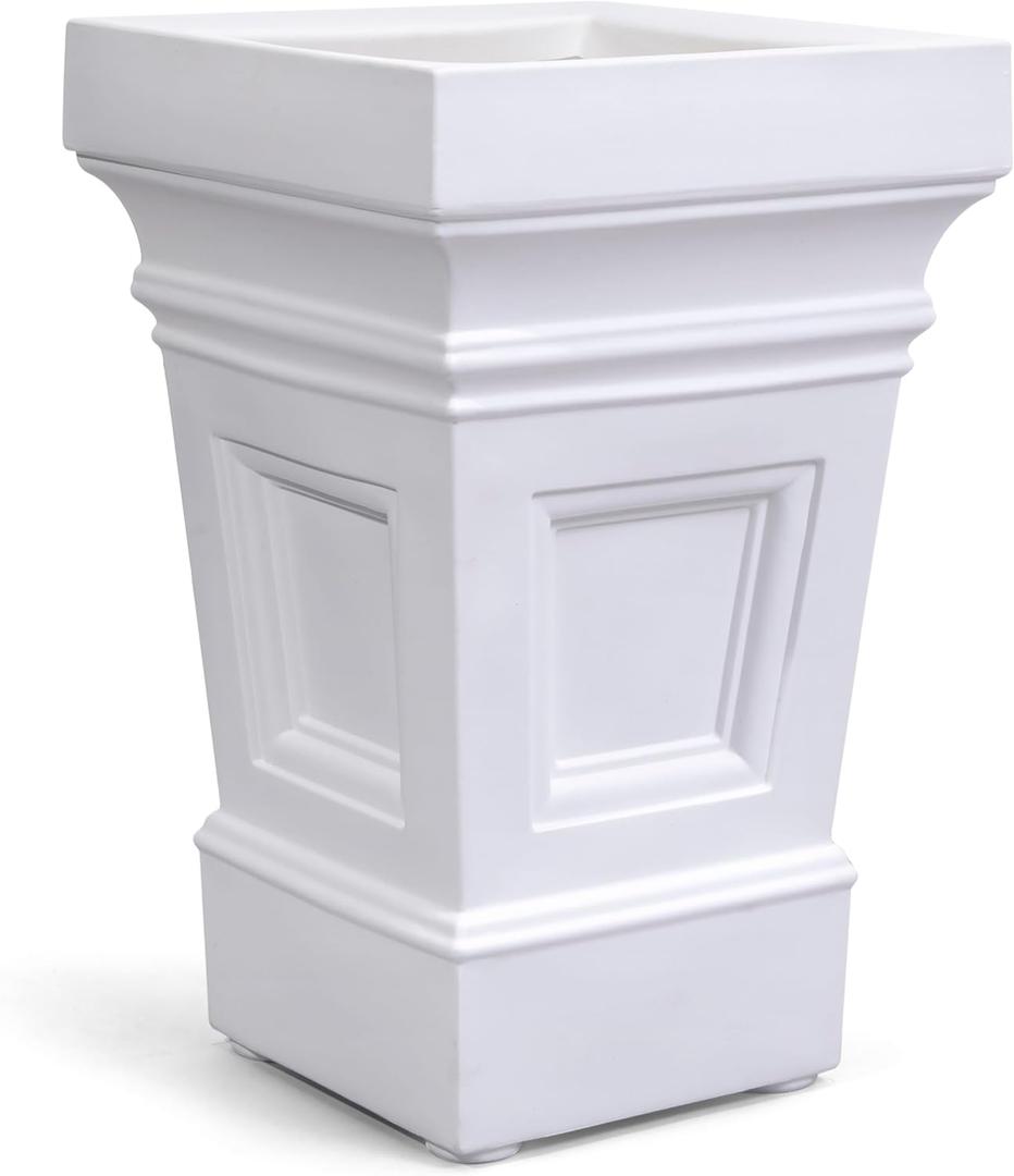 Step2 Atherton Square Planter, Large Planters for Outdoor Plants, Gardening and Flower Pot for Patio or Porch, Efficient Drainage, Durable Plastic, Classic White (15.25"D x 15.25"W x 24"H)