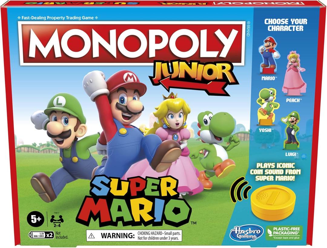 Monopoly Junior Super Mario Edition Board Game, Fun Kids' Ages 5 and Up, Explore The Mushroom Kingdom as Mario, Peach, Yoshi, or Luigi 