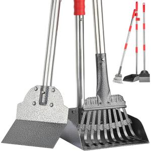 FUSBUNTY Pooper Scooper, Long Handle Dog Pooper Scooper, Heavy Duty Stainless Steel Rake with Tray & Spade Set for Pet Waste Removal, for Grass, Dirt or Gravel (Red)