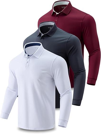 3 Pack: Dry Fit Long Sleeve Polo Shirts for Men, Athletic Collared Golf T-Shirts Performance Tops (XX-Large)