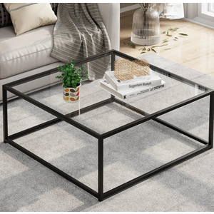 Black Glass Coffee Table for Living Room,Square Coffee Tables for Small Spaces,Simple Tea Cocktail Modern Center Tables, Living Room Tables,Easy Assembly,26 * 26in（Black & Clear Glass)