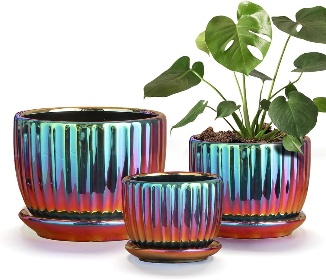 Ton Sin Flower Pots, Purple Ceramic Plant Pots Set of 3,Small Glazed Succulent Pots with Drainage Hole,Cactus Planter with Saucer,Outdoor Garden Pots (Colorful Gold)