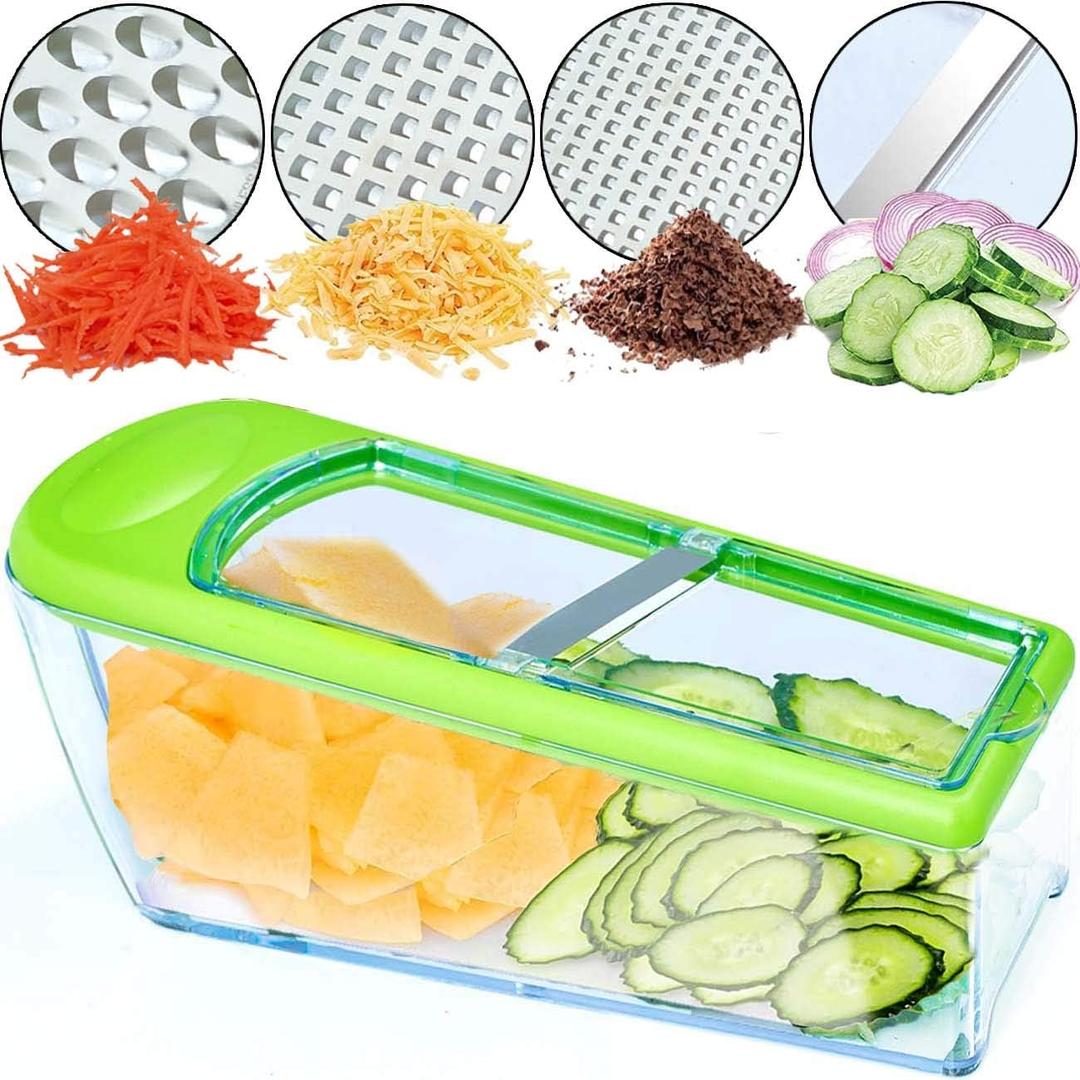 LHS Mandoline Slicer, 4 Sharp Stainless Steel Blades with Food Storage Container  Kitchen Tools for Cheese, Chocolate, Vegetables& Fruits - Dishwasher Safe (Green)