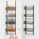 SWTYMIKI Over The Door Purse Organizer - Wall Mounted Purse Rack with 4 Adjustable Metal Basket and 6 Hooks, Hanging Bag Rack for Handbag Organizer, Bag Storage Can Use As 1/2 Part, for Door, Closet (Black)