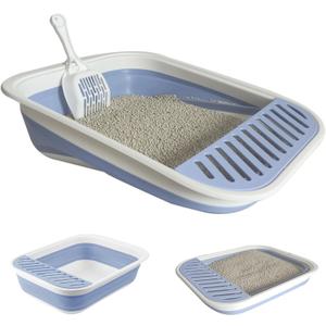 Collapsible Small Cat Litter Box,Kitten Open Potty Pan with Scoop Cat Toilet with Falling Sand Pedal Low Entrance Foldable Kittens Travel Litter Box Blue