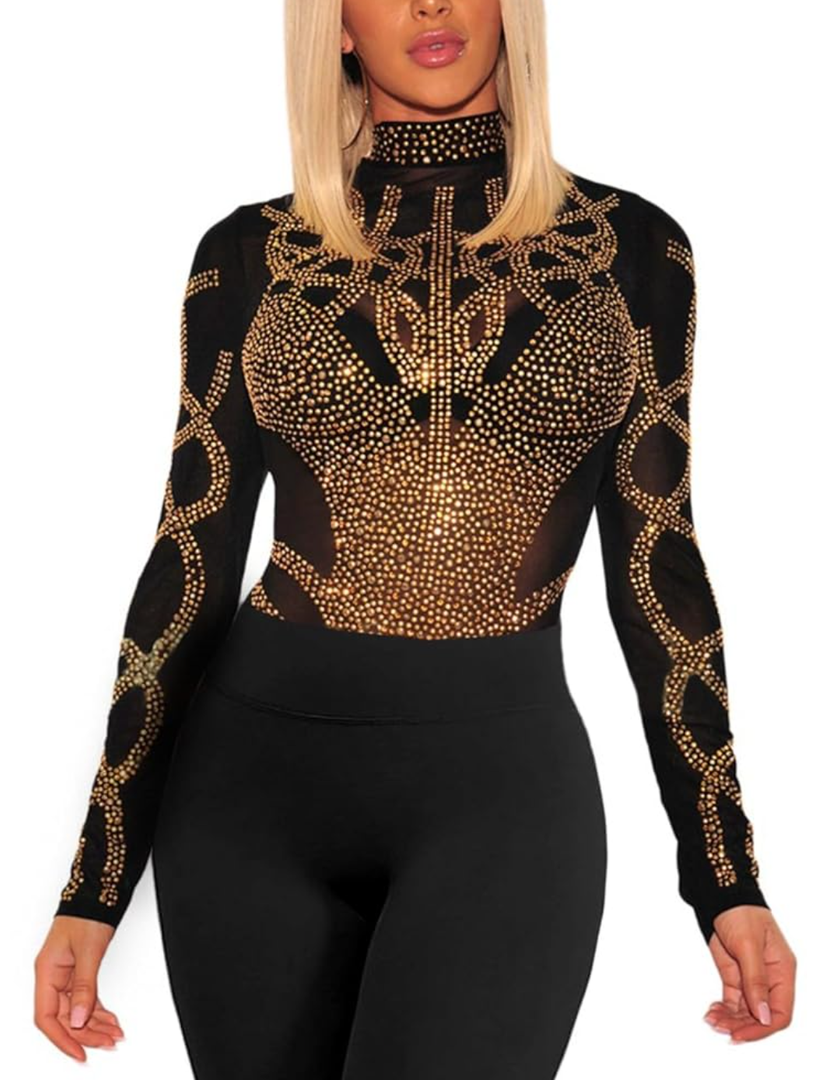 SEBOWEL Women Mesh Rhinestone Tops Sexy Sheer See Through Long Sleeve Shirt Glitter Sparkly Mesh Top Tee Blouse S