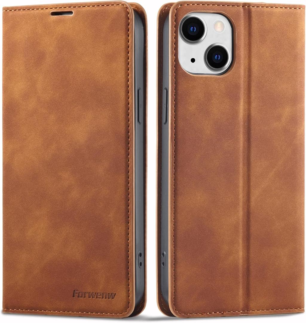 EYZUTAK Premium PU Leather Flip Folio Case for iPhone 15 Plus, Magnetic Closure Protective Case Kickstand Function Card Cash Slots Shockproof Durable Wallet Cover Soft TPU Inner Phone Case - Brown