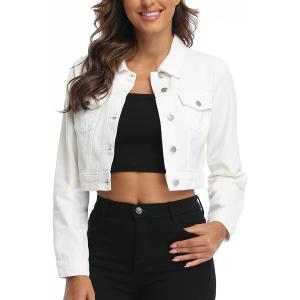PEIQI Womens Cropped Jean Denim Jacket Button Down Long Sleeve with Pockets, Size: Medium