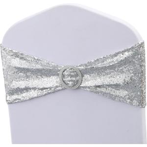 100 Pack All Around Sequin Silver Chair Sashes Bows for Wedding Celebration Decor JKDMJF Sequins Chair Bands with Buckles for Party Baby Shower Chair Decorations, Glitter Silver Chair Sash