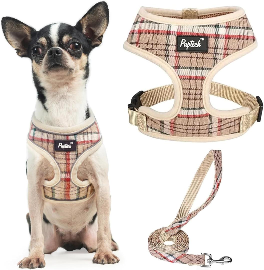 PUPTECK Soft Mesh Dog Harness and Leash Set Pet Puppy Cat Comfort Padded Vest No Pull Harnesses, Khaki, XS (XS (NECK: 10", CHEST: 10"-14"))
