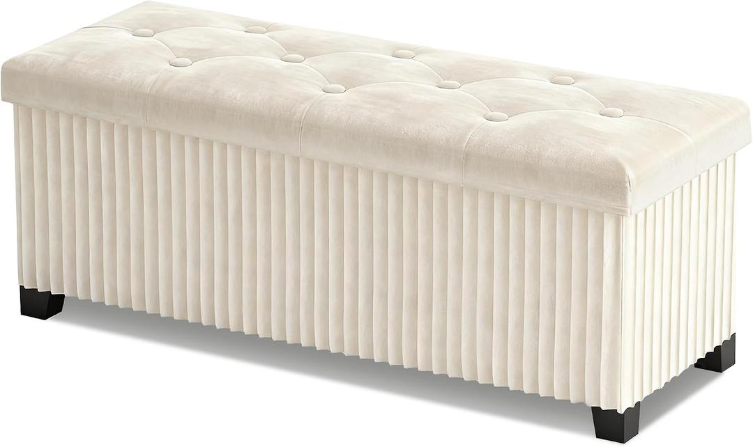 LITZFUR Storage Ottoman Bench, 43 Inch Foldable Ottoman with Legs, Velvet Foot Rest Stool, End of Bed Bench, Storage Chest for Living Room, Bedroom (Beige), 43.3"D x 15.7"W x 15.7"H