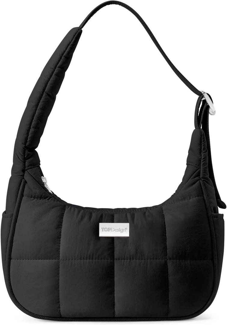 TOPDesign Quilted Puffer Shoulder Bag for Women, Trendy Lightweight Hobo Crescent Bag with Adjustable Strap (Black)