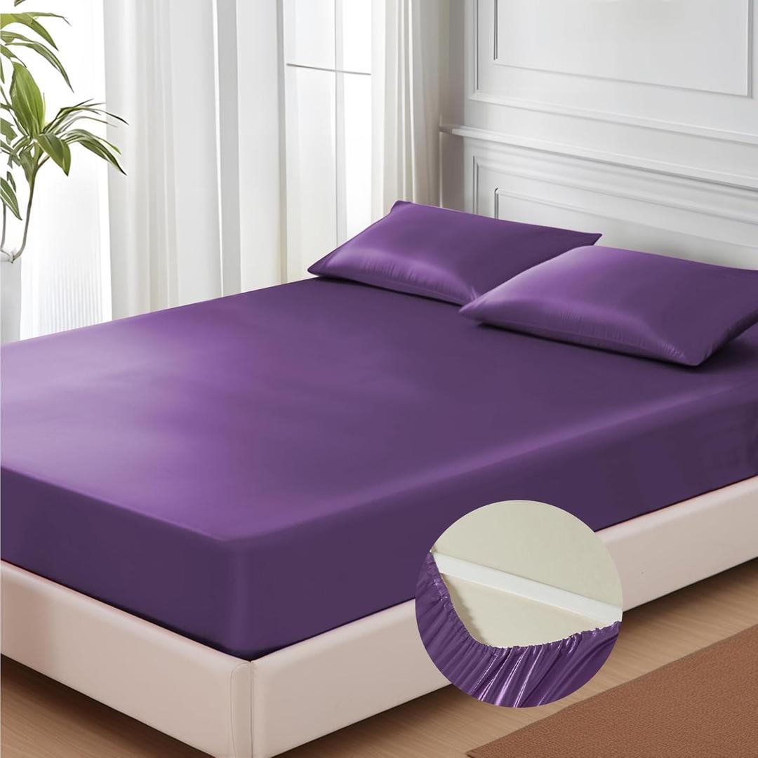 MR&HM Satin Fitted Sheet Twin Size, Silky Bottom Sheet with Elastic Corner Straps, Deep Pocket up to 15 Inch, No More Slipping Off for Mattress - 1 Fitted Sheet Only (Lavender)