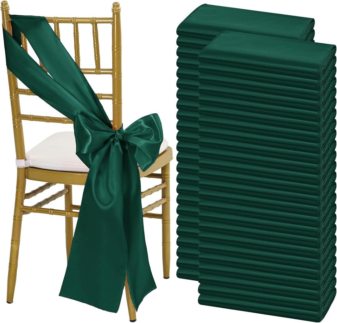 100 PCS Satin Chair Sashes Bows, Dark Green Ribbon Ties Back Sash for Wedding Birthday Banquet Party Hotel Event Cover Decoration (7 x 108 Inch)