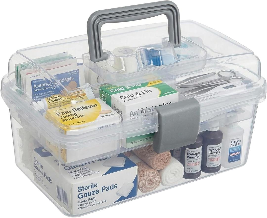 MyGift 10.2 Inch Transparent Plastic Empty Multipurpose Tackle Box with Gray Handle and Removable Tray for Tools, First Aid, Sewing Kit, Arts Crafts Supplies Storage