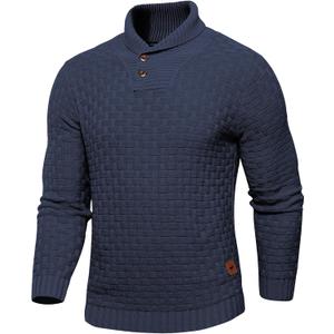 Mens Thermal Pullover Sweaters Long Sleeves Slim Fit Pure Cotton Sweaters Stand Collar Knitted Buttons Winter (Blue, M)