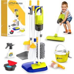 PUPU PIG Toddler Toys Cleaning Set, Kids Cleaning Toy Set, Pretend Play Home Cleaning Playset - Incl.Electric Toy Vacuum, Broom and Dustpan Set, Mop,Duster and More,Cleaning Tools Toys for Boys Girls