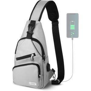 AMJ Crossbody Sling Bag Men Women, Casual Shoulder Backpack, Chest Daypack Satchel for Hiking Travel (Small, White Gray)