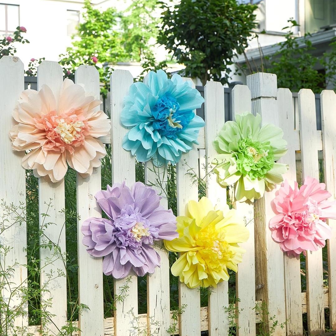 6PCS Pastel Paper Flowers Decorations Colorful Giant 12'' Crepe Tissue Paper Flowers Decorations Large Flowers for Wedding Birthday Baby Shower Classroom Wall Decor Supplies