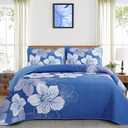 DJY Blue Quilt Set Queen 3 Pieces Botanical Floral Quilt Summer Bedding Set Gradient Soft Boho Bedspread with 2 Pillow Shams Lightweight Flower Quilts Coverlet Set for All Season 90''x96''