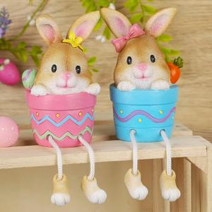 Lulu Home Easter Bunny Figurine, Set of 2 Resin Pot Bunny Shelf Sitters with Dangling Legs, Cute Modern Easter Statue Tabletop Sculpture Centerpieces Decorations