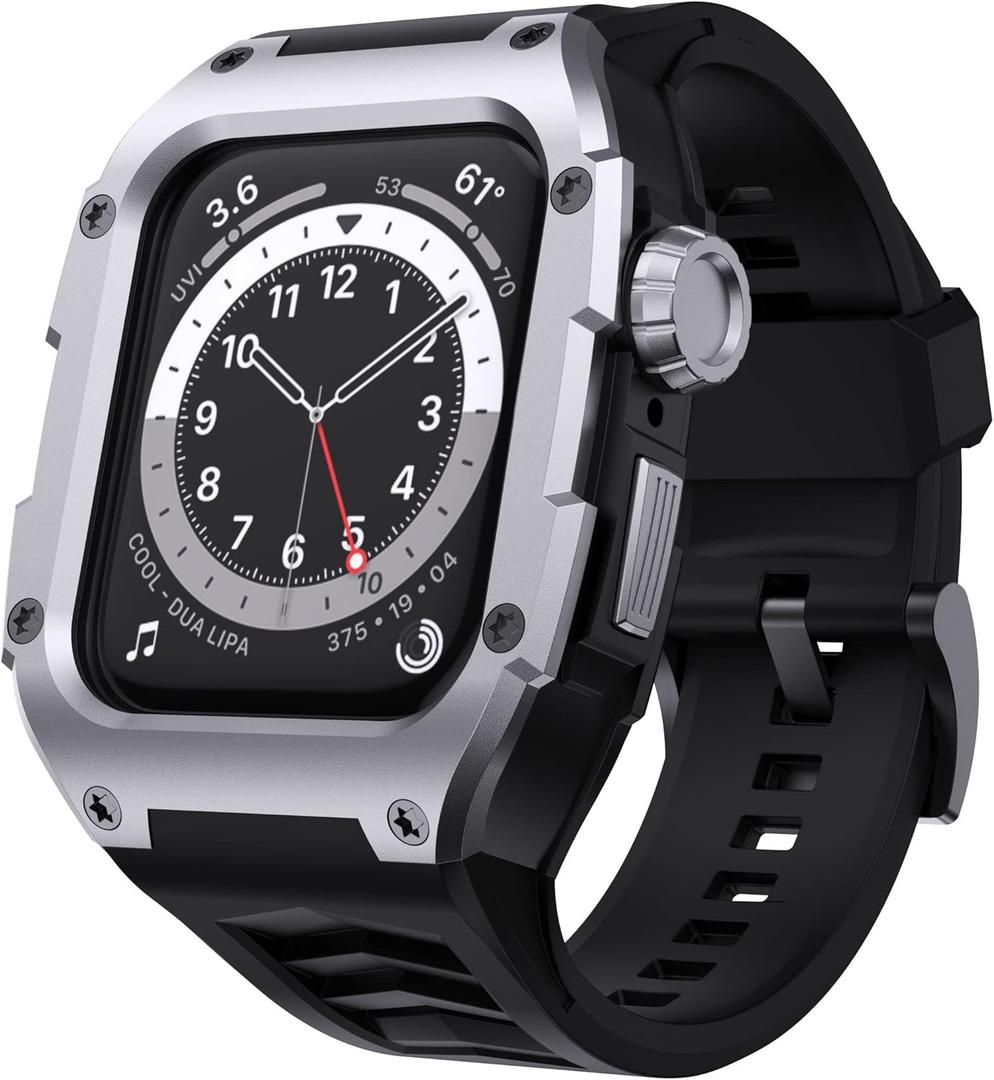 GELISHI Band Compatible with Apple Watch Band 45mm Series 9/Series 8 7, Men Rugged Case Bumper Stainless Metal Cover with Heavy Duty Band Sport Strap Shockproof, Silver