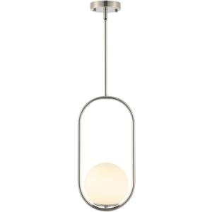 BYOLIIMA Modern Globe Pendant Light Brushed Nickel Chandelier 1-Light Mid Century Ceiling Hanging Lighting Fixture White Globe Glass Shades for Kitchen Island Dining Room Bedroom, 8 inches x 12 inches