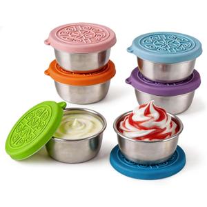 Salad Dressing Container To Go, 6 Pack 1.6 OZ Small Dressing Containers with Lids, Reusable Stainless Steel Condiment Containers, Sauce Cups, Leakproof Silicone Lids for Lunch Bento Box (colorful)
