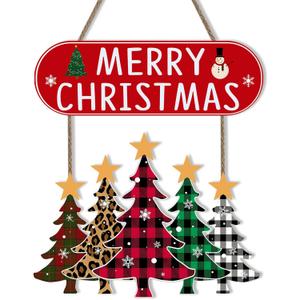 Merry Christmas Door Decorations Sign, Wooden Christmas Tree Wreaths for Front Door, Buffalo Plaid Wooden Wall Sign - Welcome Hanging Decor, Indoor & Outdoor