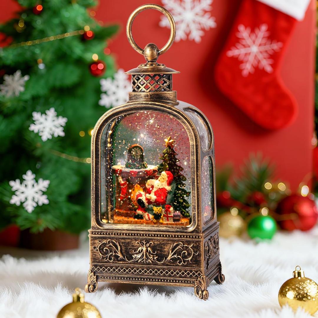 Santa Claus Snow Globe Christmas, Musical Snow Globe Lantern Lights with 6H Timer Battery & USB Powered, Retro Style Holiday Glitter Snow Globes for Xmas Home Decoration Indoor Holiday Party Gifts (Bty-lrbl)