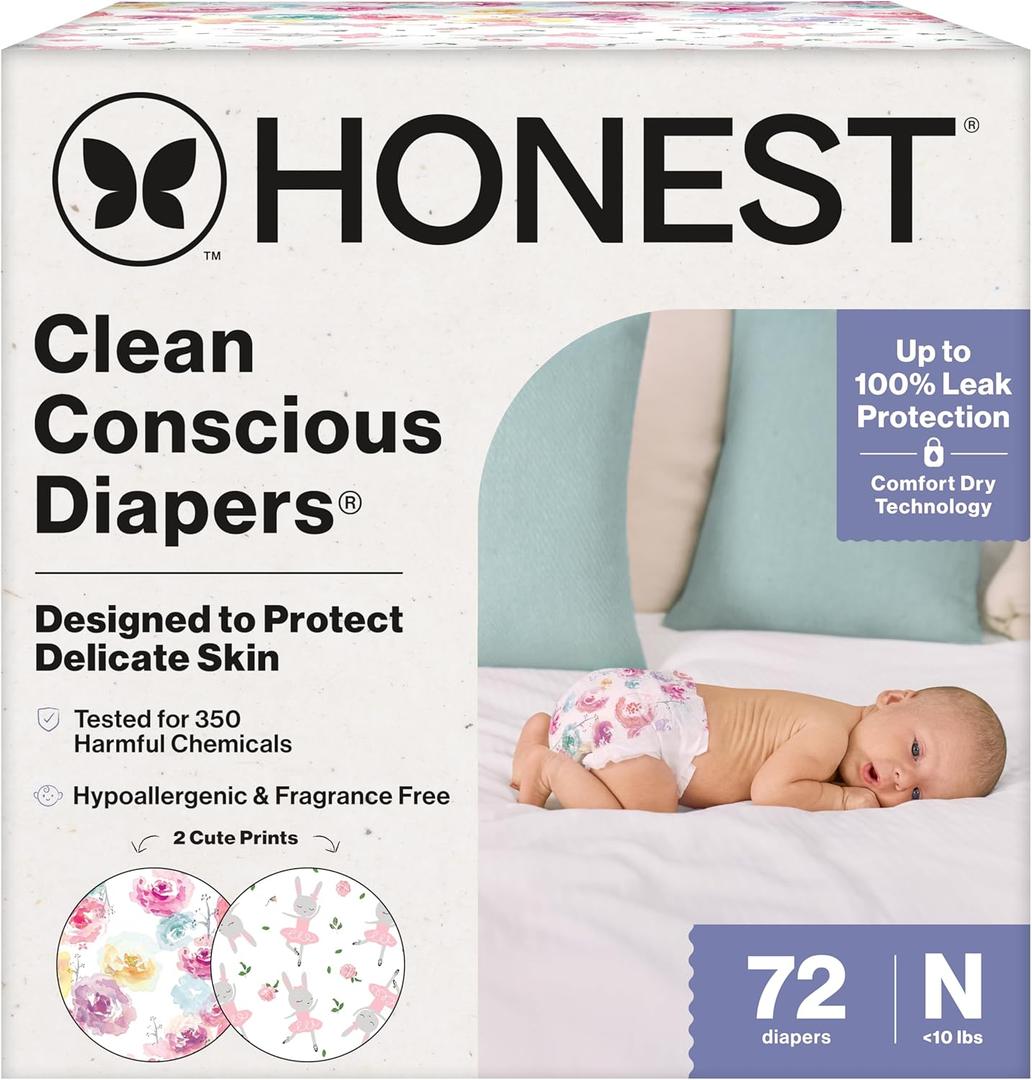 The Honest Company Clean Conscious Diapers for Delicate Skin | Up to 100% Leakproof | Hypoallergenic, Fragrance Free | Girl Prints | Club Box, Size Newborn, 72 Count (Rose Blossom + Tutu Cute)