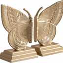 Decorative Butterfly Bookends, Muted Matte Vintage Gold Heavy Duty Metal Book Ends with Non-Slip Felt Base, Shelf Organizer for Home and Office