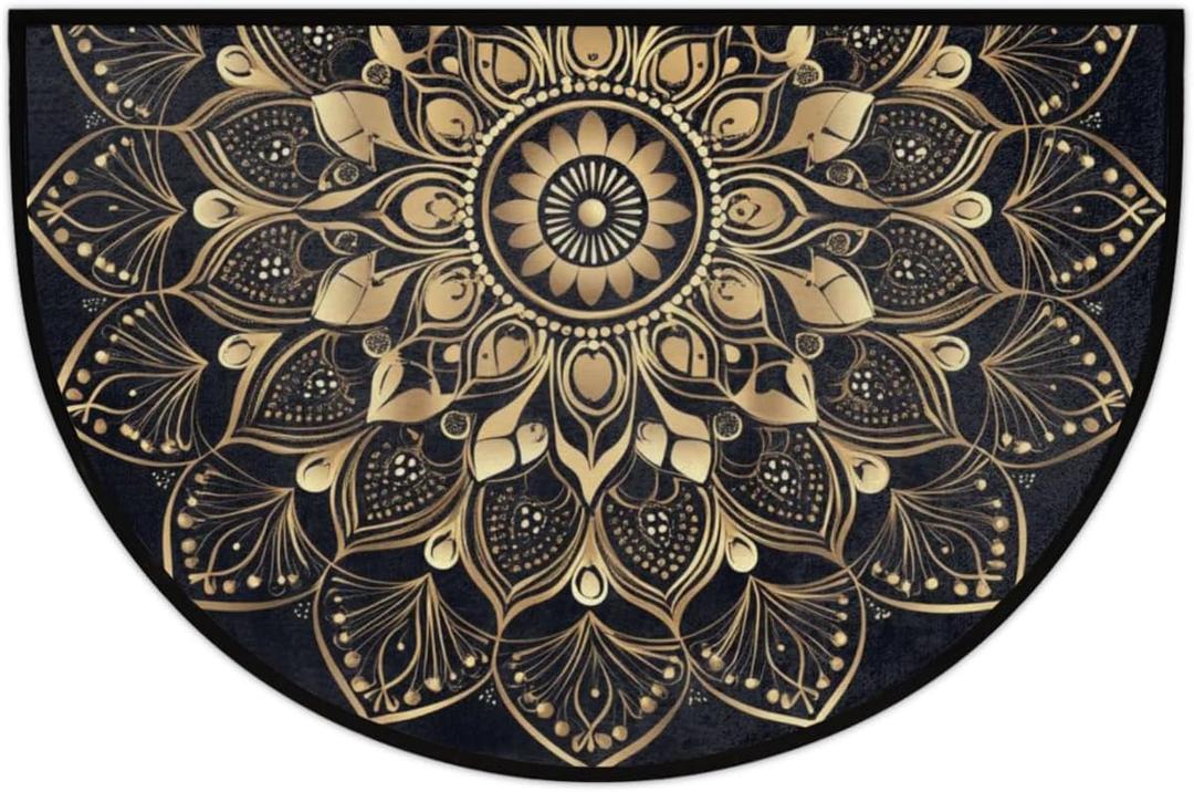 Half Round Door Mat Mandala Ethnic Black Beautiful Washable Non-Slip Doormat Welcome Semi Circle Area Rug Half Moon Mats Semi Floor Rugs Indoor Entrance Kitchen Bedroom Living Room Decorative Gift