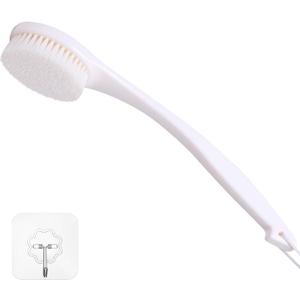 Bath Brush Long Handle for Shower, Soft Bristle Back Scrubber for Shower, Ergonomics Curved Long Handle Back Brush Exfoliating Body Scrubber with Hook and Lanyard-Cream White