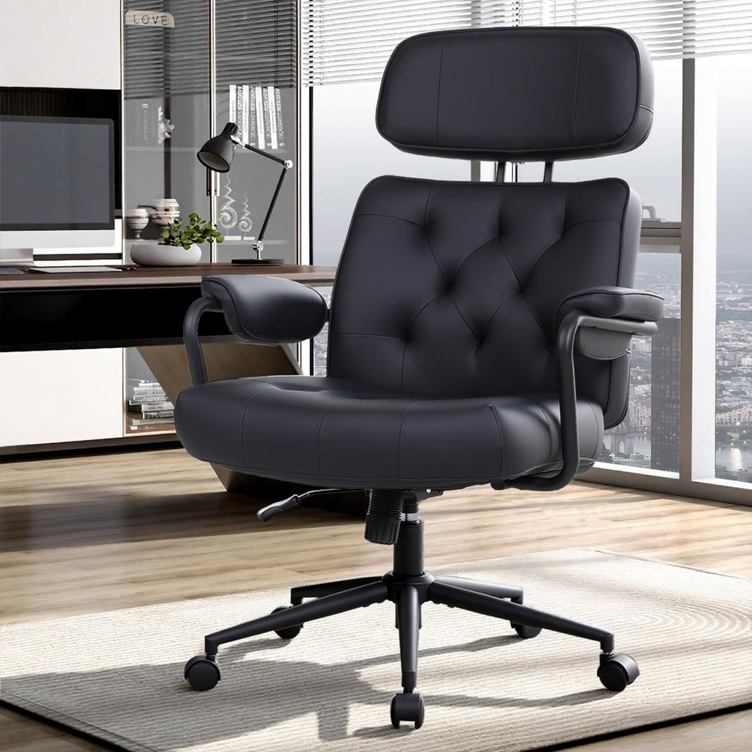 Big and Tall Office Chair 500lbs, Desk Chair Comfy, Oversized Computer Chair Extra Wide, Mid-Century Modern Chairs, PU Leather Heavy Duty, High Back Swivel Rocking Chairs with Wheels for Home, Black