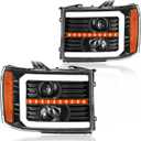 LED DRL Headlight Assembly Fit 2007-2013 GMC Sierra 1500/2007-2014 GMC Sierra 2500 3500(NOT Fit 2007 Classic Style) Projector Headlights Left Right Side Black Housing Amber Reflector