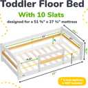 Ocodile Toddler Bed with Rails | Low Montessori Floor Bed Frame for Kids | Standard Crib Size Wooden Frame for Independent Toddlers 1-3 - White