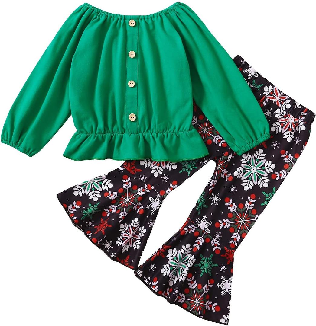 Toddler Baby Girl Christmas Outfits Long Sleeve Shirt Top Snowflake Plaid Bell Bottom Pants Set Xmas 2Pcs (Green)