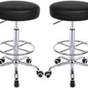 VECELO Round Rolling Stool with Footrest and Wheels, Easy Assembly PU Leather Height Adjustable Drafting Swivel Chair for Spa Salon, Office, Medical, Beauty, Bar, Lab, Black,