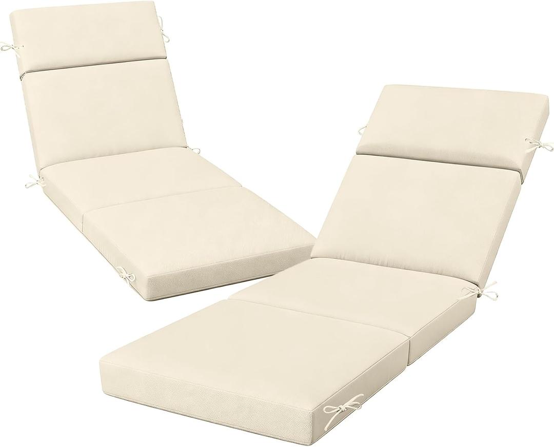 2 Pcs Outdoor Chaise Lounge Cushion 72" x 21" x 3", 4-Section Folding Patio Lounge Chair Cushion with Ties, Waterproof & Fade Resistant Replacement Cushion for Pool, Patio, Deck (Beige, 2 Pcs)